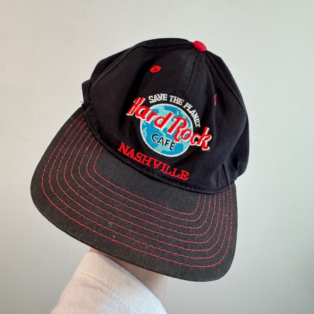 Vintage 90's Hard Rock Cafe Nashville Hat Save the Planet Black Red Snapback Cap